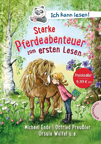 Das Buchcover zeigt … ein blondes Mädchen, das in einer Blumenwiese ein braunes Pony streichelt vor Birke und rosa Blüten.