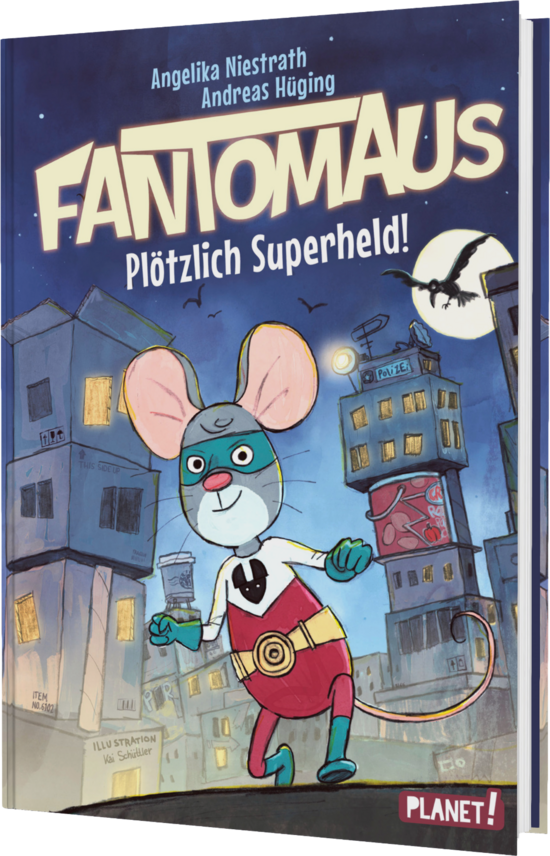 Das Buchcover zeigt eine cartoonartige Maus in einem grünen Superheldenkostüm mit einem roten Umhang, vor einer nächtlichen Stadtszenerie. Hochhäuser und ein Mond im Hintergrund vermitteln eine abenteuerliche Atmosphäre.
