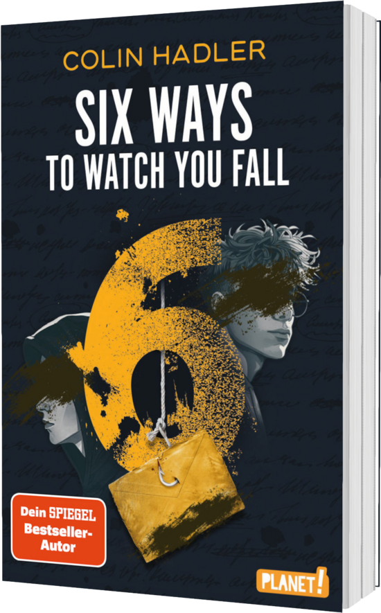 Das Buchcover zeigt ... eine große gelbe Zahl 6, zwei junge Gesichter in Seitenansicht und eine abgenutzte gelbe Tasche vor dunkelblauem Grund.