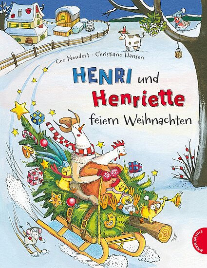 Das Buchcover zeigt eine winterliche Landschaft mit einem Schlitten, auf dem Henri und Henriette fröhlich sitzen. Bunte Geschenke und Weihnachtssterne umgeben sie, während im Hintergrund ein verschneites Haus und eine Kuh stehen.