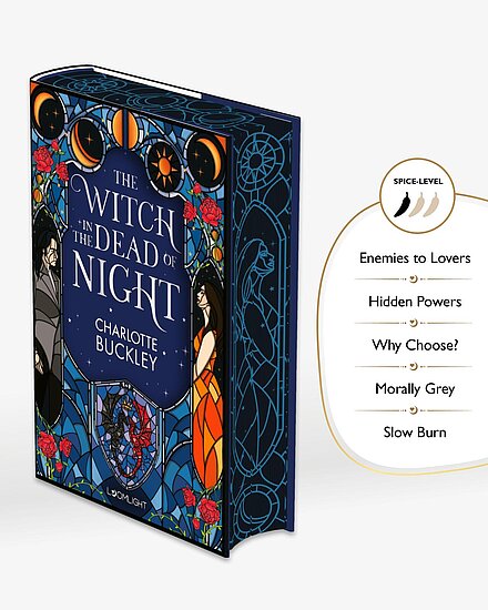 Das Buchcover zeigt in blauem Buntglasstil zwei gegenüberstehende Gestalten, Mondphasen oben, rote Rosen und goldene Sternpunkte.