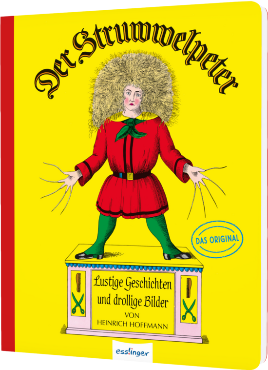 Das Buchcover zeigt den Struwwelpeter mit voluminösem, lockigem Haar und roter Kleidung in einer auffälligen Pose vor einem gelben Hintergrund. Am unteren Rand steht der Titel „Der Struwwelpeter“ in großen, dekorativen Buchstaben.