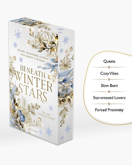 Das Buchcover zeigt goldene und blaue Blumenranken und Schneeflocken vor weißem Grund, der Titel „Beneath Winter Stars“ in goldener Schrift.