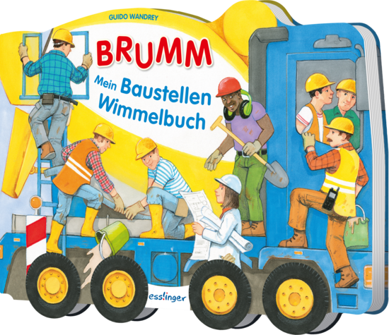 Das Buchcover zeigt eine bunte Baustelle mit verschiedenen Bauarbeitern in unterschiedlichen Aktivitäten. Die Figuren tragen Arbeitskleidung und Helme, umgeben von einem gelben Baustellenfahrzeug.