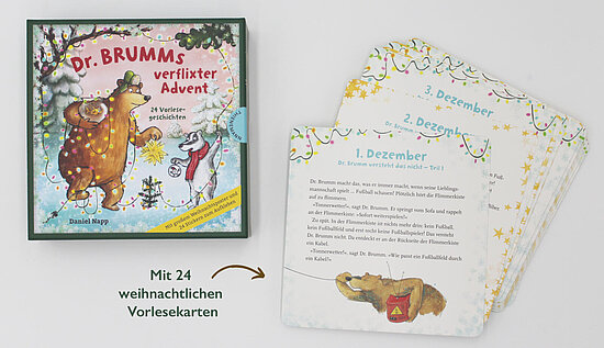 Das Buchcover zeigt einen großen braunen Bären mit grünem Hut und Schal neben einem kleinen Schneemann vor rosa Himmel und verschneiter Landschaft.