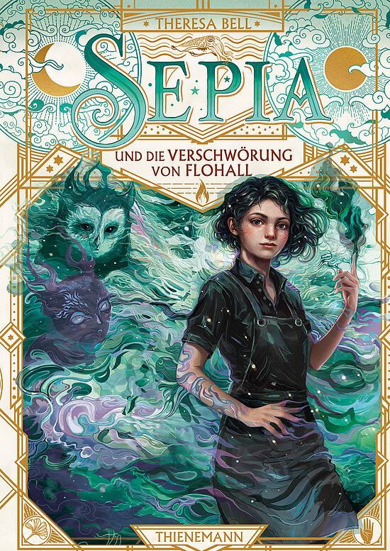 Das Buchcover zeigt eine Mädchen mit lockigem, dunklem Haar und einem schwarzen Outfit, umgeben von mystischen grünen und blauen Nebelschwaden. Im Hintergrund sind fantasiereiche, gesichtähnliche Elemente sichtbar, die eine geheimnisvolle Atmosphäre schaffen.