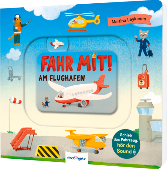 Das Buchcover zeigt einen bunten Flughafen mit einem roten Flugzeug, einem gelben Zweisitzer und Illustrationen von Tieren in verschiedenen Outfits. Der Himmel ist blau mit Wolken, und hinzu kommen ein Flughelfer und weitere Flughafenaccessoires.