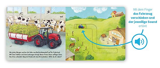 Das Buchcover zeigt ... einen roten Traktor mit Heuballen in einer Kuhscheune links und rechts grüne Hügel mit Kühen, Bauernhof und blauem Himmel.