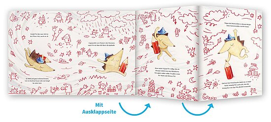 Das Buchcover zeigt ein beiges Hundchen mit blauem Muetzchen und rotem Koffer vor weissem Hintergrund mit roten Kritzelzeichnungen.