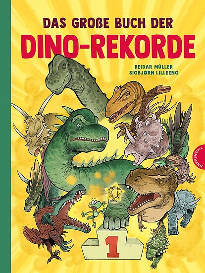 Das Buchcover zeigt zahlreiche bunte Dinosaurier, darunter einen großen T-Rex und einen langen Brachiosaurus, vor einem sonnigen, gelben Hintergrund. Der Titel „Das große Buch der Dino-Rekorde“ ist in großen, auffälligen Buchstaben oben platziert.