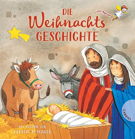 Das Buchcover zeigt eine stilisierte Krippenszene mit einer schlafenden Babyfigur in einer Krippe, flankiert von Maria und Josef. Links sind eine Kuh und ein Esel zu sehen, vor einem Hintergrund aus sanften Erdtönen und einem leuchtend gelben Stern.