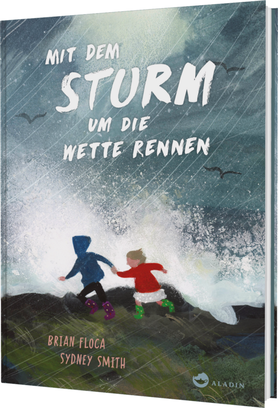 Das Buchcover zeigt zwei Kinder, einen Jungen in blauer Jacke und ein Mädchen in roter Jacke, die bei Sturm am Ufer stehen. Im Hintergrund sind hohe Wellen und graue Wolken zu sehen, die eine aufregende Atmosphäre schaffen.