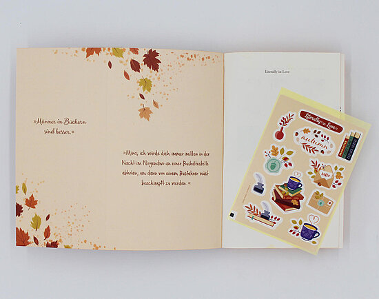 Das Buchcover zeigt eine offene beige Seite mit herbstlichen orange und braunen Blaettern links und ein gelbes Stickerblatt mit bunten Aufklebern rechts.