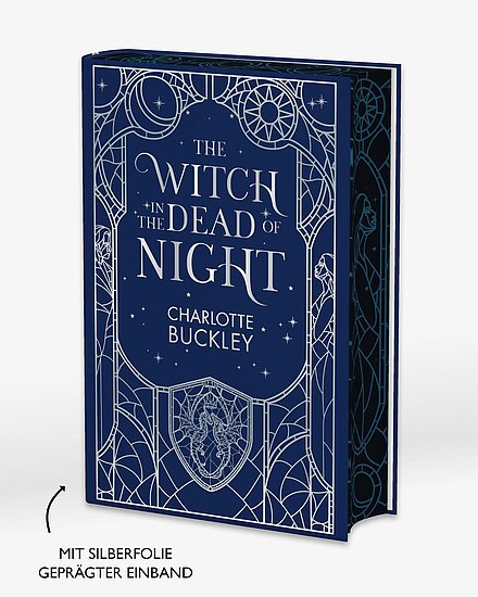 Das Buchcover zeigt … ein dunkelblaues Feld mit silbernen, filigranen Ornamenten, Sternen, Mond und einem Wappenschild sowie Schriftzug in Silber.