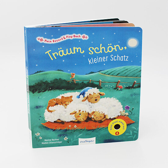 Das Buchcover zeigt in einem blauen Nachthimmel über grünen Hügeln drei weiße Schafe auf einer orange Decke, obenauf eine schlafende orange Katze.