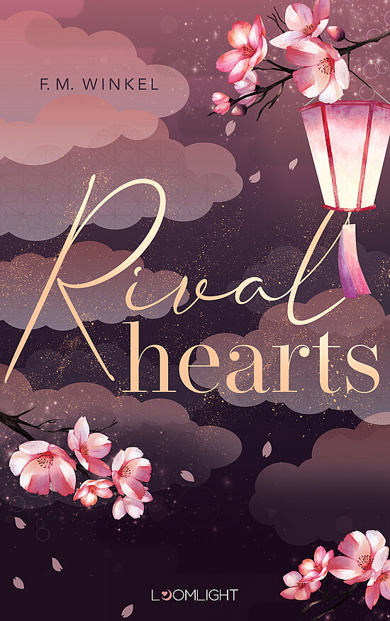 Das Buchcover zeigt den Titel „Rival hearts“ in eleganten, goldenen Buchstaben, umrahmt von zarten pinken Kirschblüten und einer schwebenden Laterne vor einem wolkigen, violett-rosafarbenen Hintergrund.