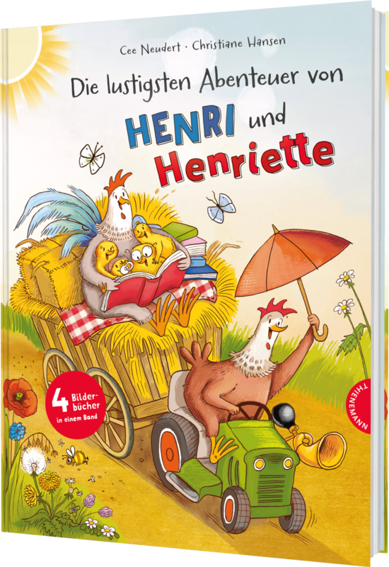 Das Buchcover zeigt eine fröhliche Henne namens Henriette, die auf einem Traktor sitzt. Neben ihr fährt ein Hähnchen mit einem Sonnenhut und einem Kind im Wagen, während Bienen um sie herum fliegen.