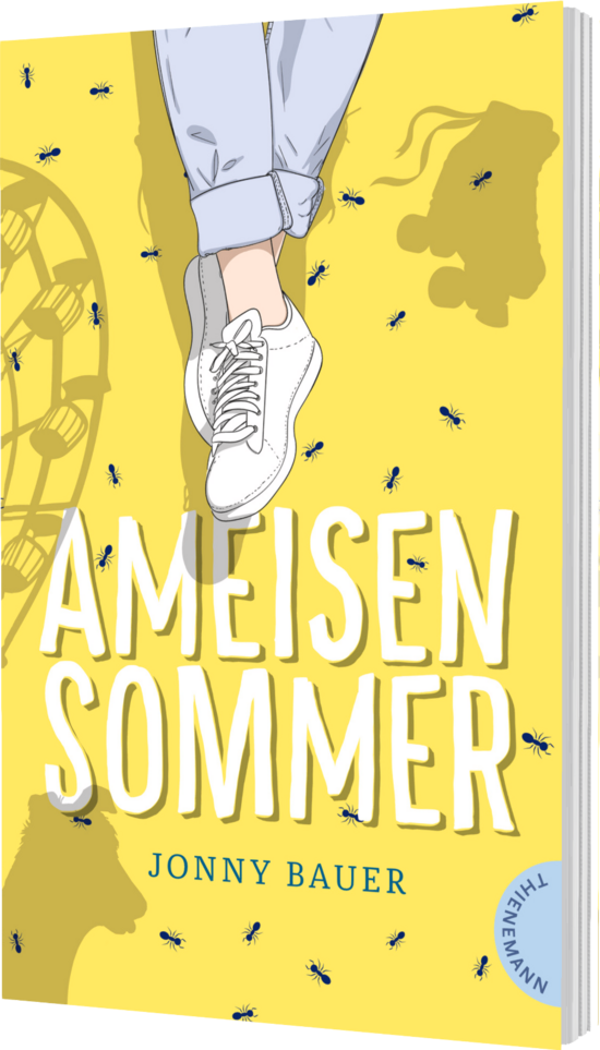 Das Buchcover zeigt einen Paar Beine in weißen Sneakern, umgeben von kleinen Ameisen auf einem gelben Hintergrund. Im oberen Bereich ist ein nostalgisches Karussell angedeutet.