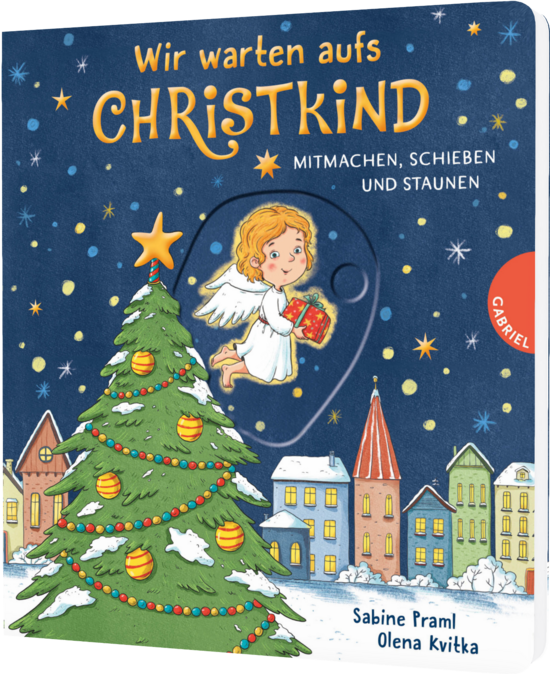 Das Buchcover zeigt einen festlich geschmückten Weihnachtsbaum mit bunten Kugeln vor einer winterlichen Stadtlandschaft. Ein Engel mit blonden Locken schwebt mit einem Geschenk in der Hand.