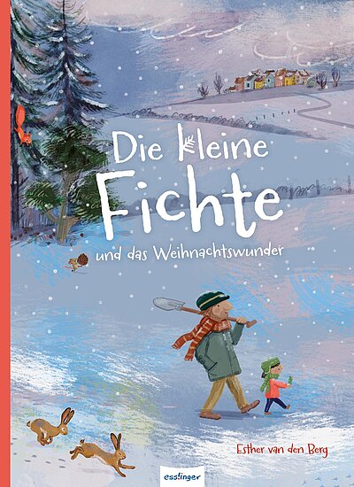 Das Buchcover zeigt eine winterliche Landschaft mit einem Schneehügel und einer kleinen Fichte. Ein kleiner Junge und ein Mädchen mit einem Schlitten laufen im Schnee, umgeben von Tieren und einem Dorf im Hintergrund.