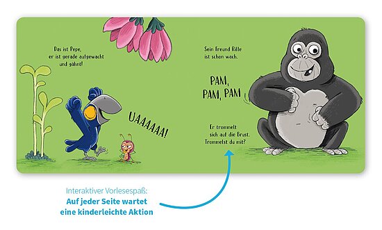 Das Buchcover zeigt auf grünem Grund rechts einen großen Gorilla, links einen blauen Vogel, dazu eine kleine rosa Figur und eine rosa Blüte.