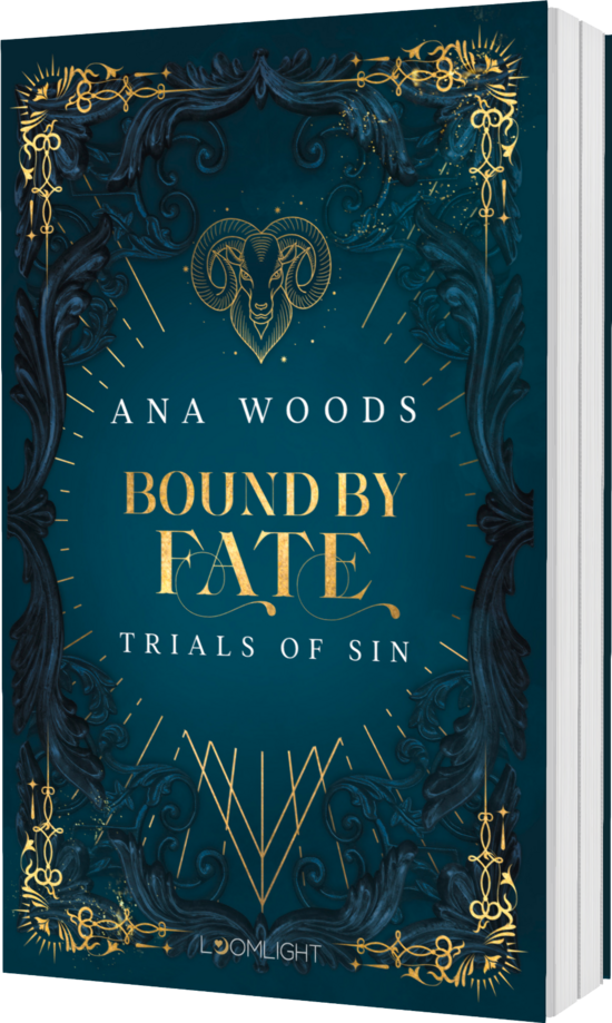 Das Buchcover zeigt einen tiefblauen Hintergrund mit goldenen Verzierungen und einem Ziegenkopf-Symbol. Der Titel „Bound by Fate“ ist in eleganter Schriftart hervorgehoben.
