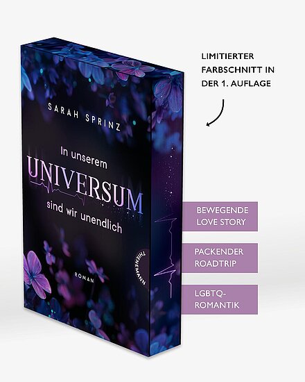 Das Buchcover zeigt ein dunkelblau bis violettes Sternenfeld mit leuchtend violetten Blüten und dem Titel in großen hellvioletten Lettern.