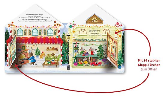 Das Buchcover zeigt … zwei geöffnete Ladenräume mit tierischen Figuren beim Backen und Spielen, rote und grüne Weihnachtsdeko auf hellem Hintergrund.
