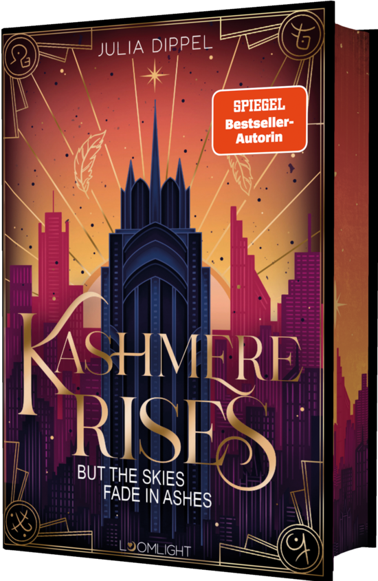 Das Buchcover zeigt ... ein dunkles art deco Hochhaus vor violetten Stadtsilhouetten und einem orangegoldenen Himmel mit goldenen Verzierungen.