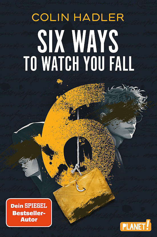 Das Buchcover zeigt zwei Jugendliche im Profil vor einer grossen grungigen gelben Zahl 6 und ein haengendes gelbes Paeckchen auf dunkelblauem Grund.