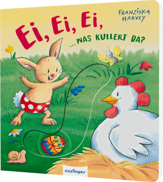 Das Buchcover zeigt einen fröhlichen Hasen in rot-weißem Outfit und eine weiße Henne, umgeben von bunten Blumen und einem Osterei. Ein Schmetterling fliegt über die Szenen.