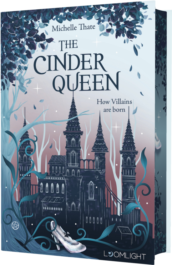 Das Buchcover zeigt … ein dunkles Schloss mit hohen Türmen vor rosa bis blauem Himmel, umgeben von rankenden Blättern und einem gläsernen Schuh.