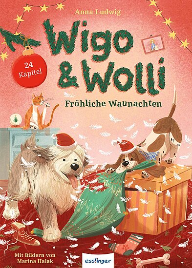 Das Buchcover zeigt zwei Hunde mit Mützen, einen großen zotteligen und einen braun gefleckten, aufgerissenen grünen Sack und Federn vor rotem Grund.