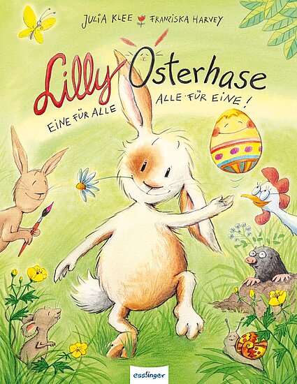 Das Buchcover zeigt einen fröhlichen weißen Osterhasen mit großen Ohren, umgeben von anderen Tieren wie einem braunen Hasen und einer Ente. Bunte Ostereier und frühlingshafte Blumen sind im Hintergrund zu sehen.