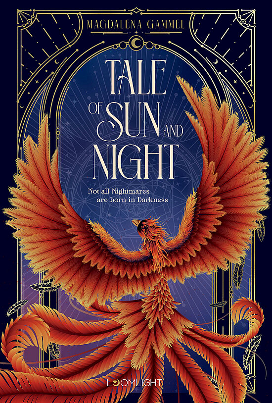 Das Buchcover zeigt einen majestätischen Phönix in lebhaftem Orange und Rot, umgeben von einem tiefblauen Hintergrund. Der Titel „Tale of Sun and Night“ ist elegant und in einer geschwungenen Schriftart oben platziert.