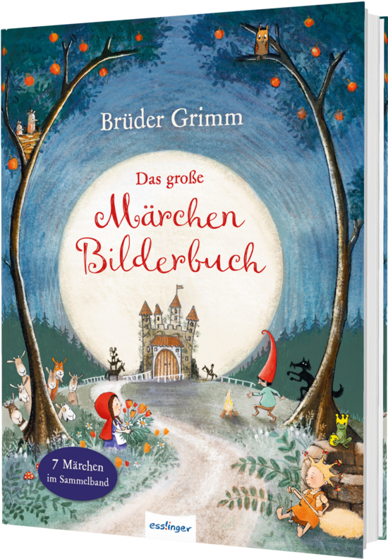 Das Buchcover zeigt einen märchenhaften Wald mit einem großen, leuchtenden Mond. Eine kleine rote Kapuzenfigur, umgeben von Tieren, steht vor einem Schloss.