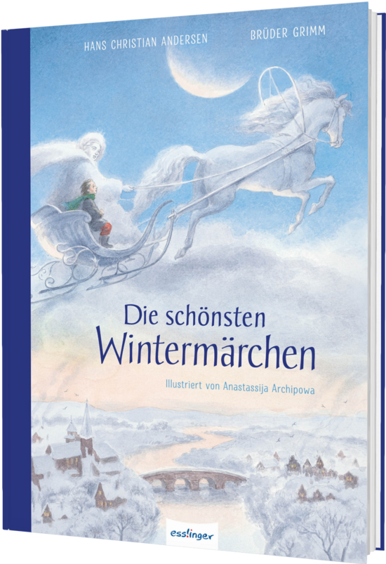 Das Buchcover zeigt eine winterliche Landschaft mit schneebedeckten Dächern und einem geschlossenen Brückeneingang. Ein grauer Schimmel zieht einen Schlitten, auf dem ein Kind in warmer Kleidung sitzt, während im Hintergrund der klare Nachthimmel mit einem großen Mond leuchtet.