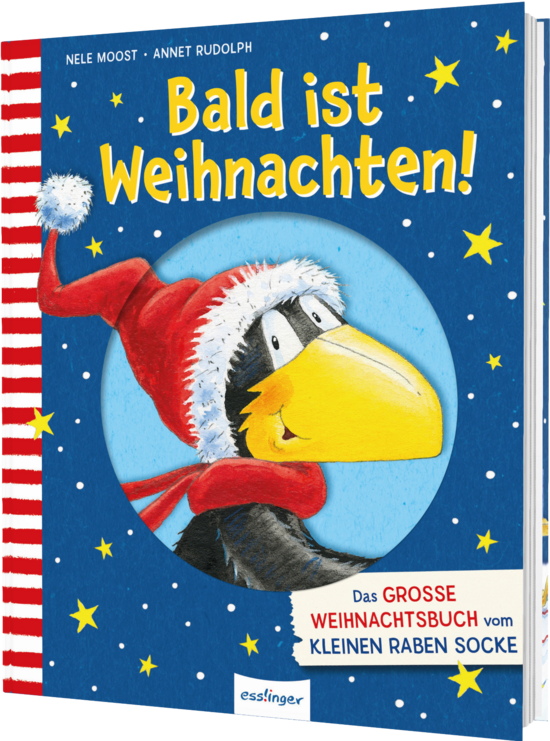 Das Buchcover zeigt einen kleinen Raben mit einem roten Weihnachtsmann-Hut und einem weißen Pelzrand. Der Rabe lächelt vor einem blauen Hintergrund, gespickt mit weißen Schneeflocken und umrahmt von roten und weißen Streifen.