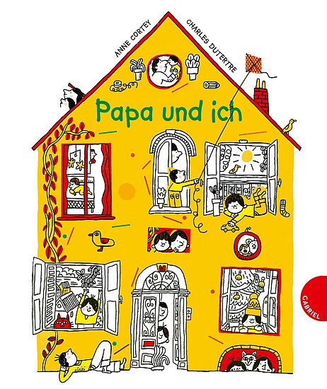 Das Buchcover zeigt ein gelbes Haus mit mehreren Fenstern, in denen Kinder und ein Vater interagieren. Die Szenen sind in Schwarz-Weiß-Illustrationen mit farbigen Akzenten gestaltet.