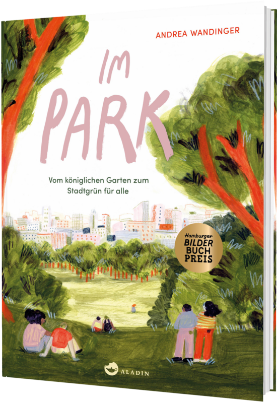 Das Buchcover zeigt eine lebendige Parklandschaft mit grünen Bäumen. Im Vordergrund sitzen Menschen auf einer Wiese und genießen die Natur unter einem blauen Himmel.