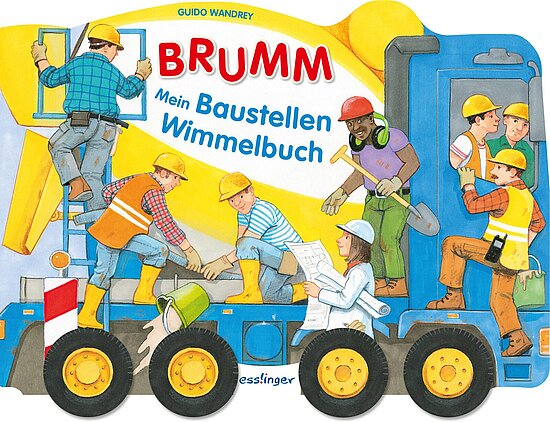 Das Buchcover zeigt eine lebendige Baustellen-Szene mit mehreren Bauarbeitern in bunten Helmen und Arbeitskleidung. Im Vordergrund stehen ein gelber Kran und ein Bauwagen, umgeben von Werkzeugen und Materialien.