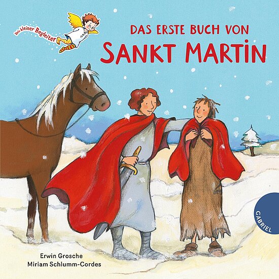 Das Buchcover zeigt einen schneebedeckten Hintergrund mit einem Pferd und zwei Figuren in roten und blauen Gewändern, die freundlich miteinander sprechen.