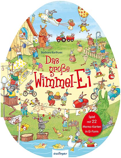 Das Buchcover zeigt eine bunte, eiförmige Illustration mit vielen tierischen Figuren, vor allem Hasen, die auf einem Spielplatz Spaß haben. Umgeben von Fahrzeugen, Ballons und Spielen strahlen die hellen Farben Freude und Abenteuer aus.