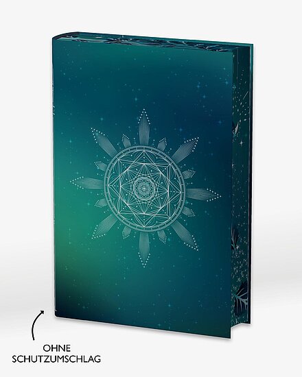 Das Buchcover zeigt ein blaugrünes Motiv mit weißer Mandala-Geometrie und strahlenförmigen Blattornamenten vor dezentem Sternenhintergrund.