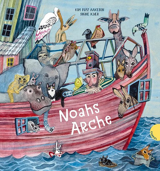 Das Buchcover zeigt Noah auf seiner Arche, umgeben von verschiedenen Tieren wie einem Elefanten, einem Pferd und Vögeln; die Farben sind lebhaft und bunt.