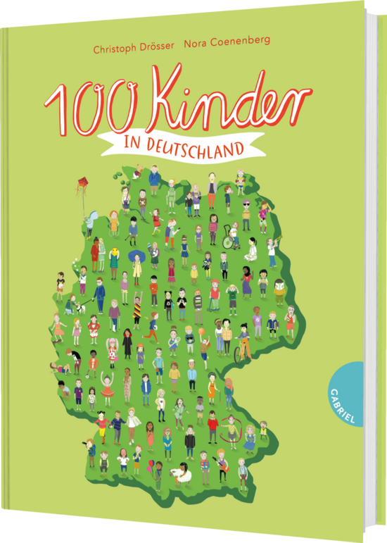 Das Buchcover zeigt eine grüne Deutschlandkarte mit vielen kleinen, bunten Kinderfiguren, die vielfältige Aktivitäten darstellen. Oben steht in verspielter Schrift „100 Kinder in Deutschland“.