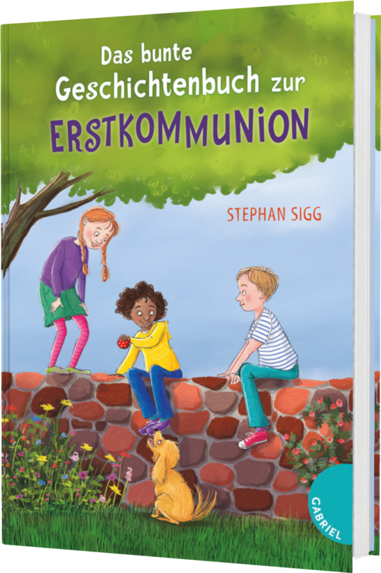 Das Buchcover zeigt drei Kinder, die vor einer Mauer sitzen. Eines hält einen roten Apfel, während ein Hund neben ihnen sitzt. Die Farben sind bunt und fröhlich.