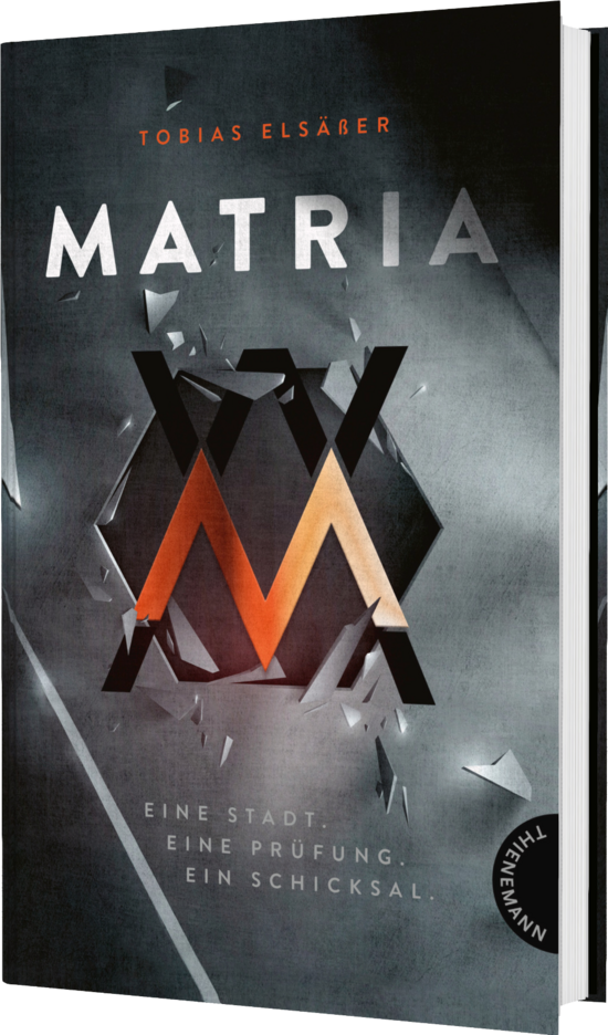 Das Buchcover zeigt einen dunklen Hintergrund mit grauen und schwarzen Farbnuancen, in der Mitte ein auffälliges, stilisiertes „M“ in orange und schwarz. Rund um das „M“ sind bruchartige, geometrische Elemente platziert.