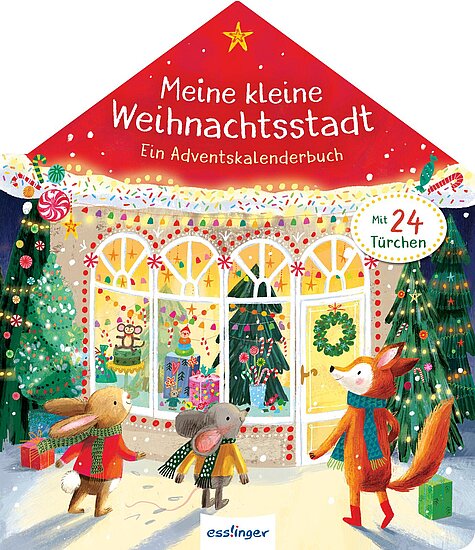 Das Buchcover zeigt ein festlich geschmücktes Haus mit einem roten Dach, umgeben von Weihnachtsbäumen und Geschenken. Vor dem Haus stehen ein Hase, eine Maus und ein Fuchs, die fröhlich aussehen.
