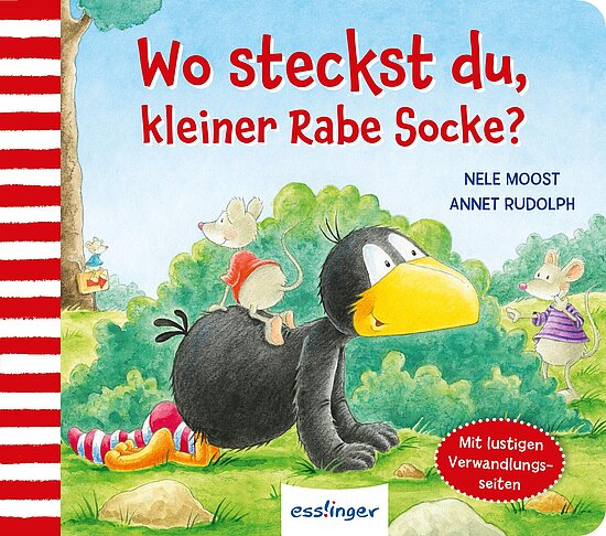 Das Buchcover zeigt einen großen, schwarzen Raben namens Socke mit einem gelben Schnabel und farbenfrohen Socken. Neben ihm stehen eine graue Maus und eine kleine, rot-gelb gefleckte Maus in einem grünen, buschigen Hintergrund.